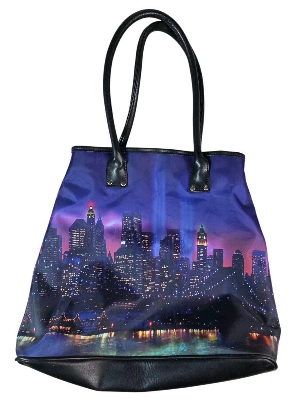 Galleria Vtg New York City Skyline Shoulder Tote Purse Blue Black Cityscape Bag